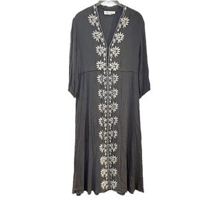 Brass & Roe Gray Embroidered Floral Boho Hippie Peasant Midi Dress 3/4 Sleeve M